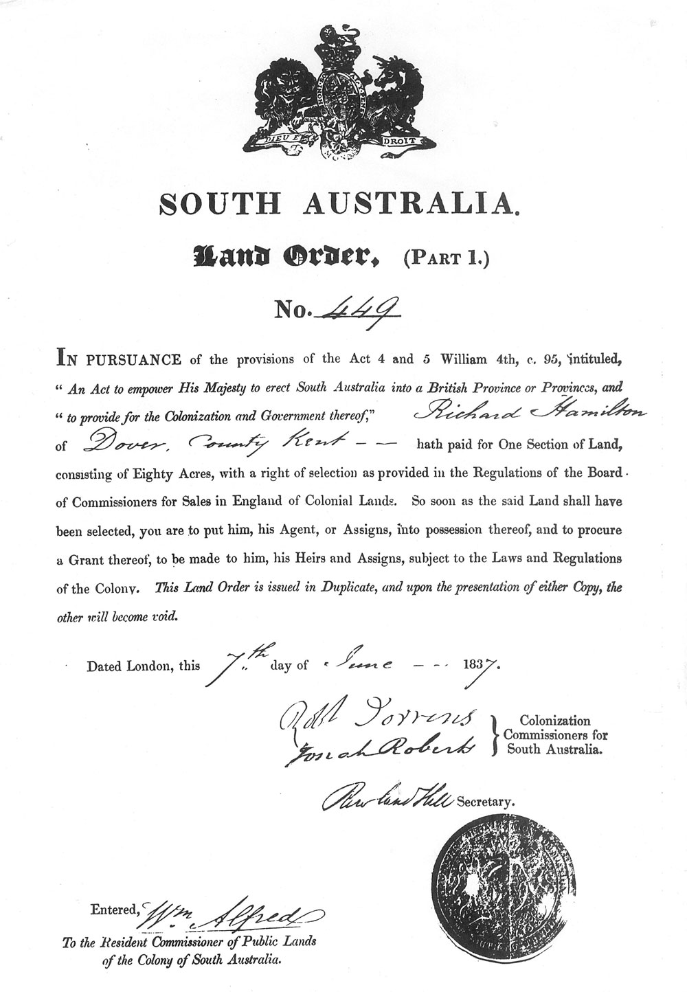 Richard-Hamilton-SA-Land-Order-1837